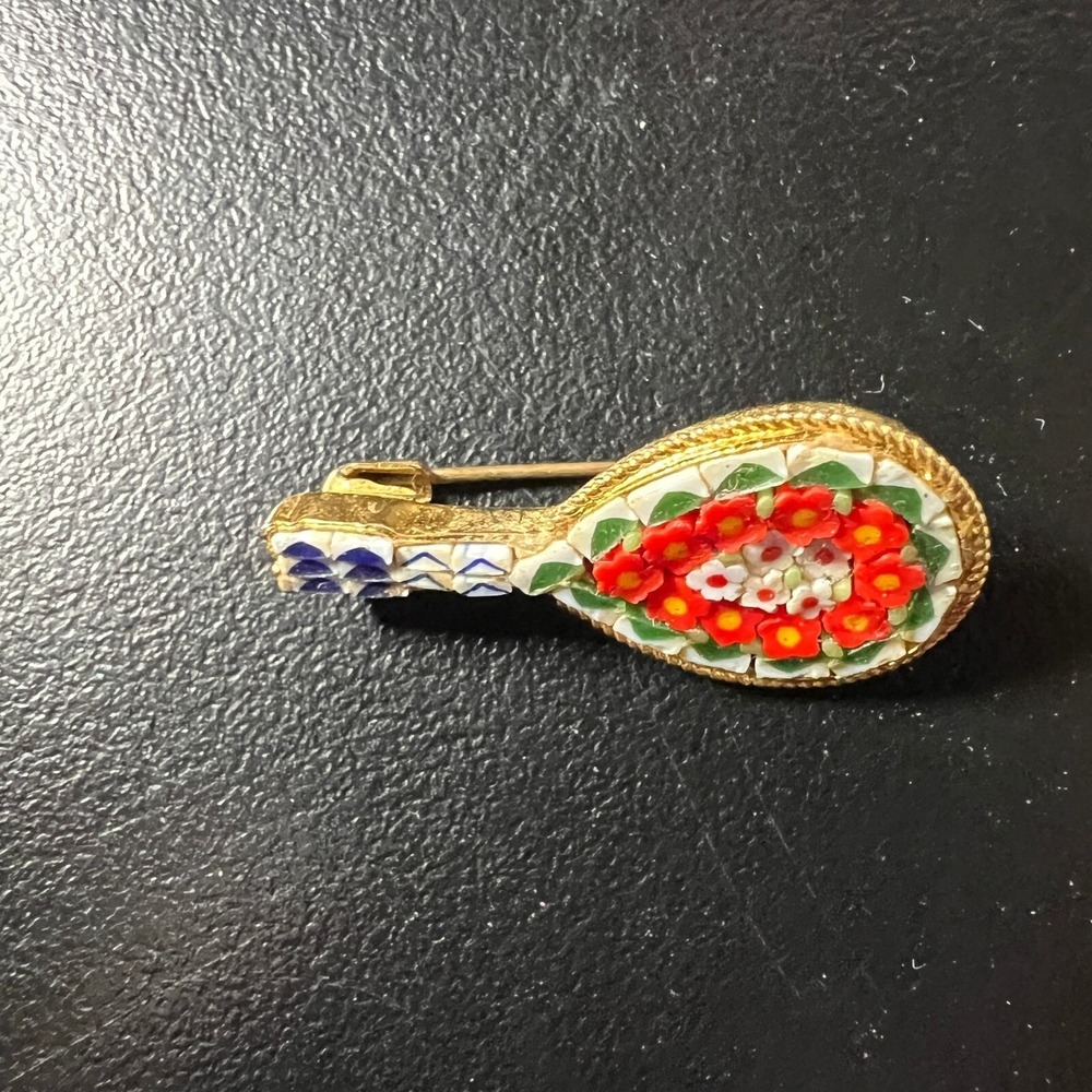 Vintage Micro Mosaic Lute Brooch Orange White Flowers Gold Tone Pin - Picture 5 of 10